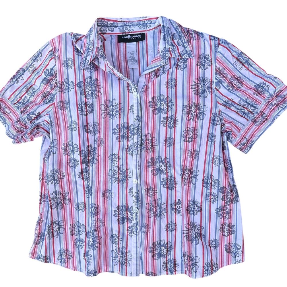 Sag Harbor Sport Blouse Floral Stripe 90s Vintage Women Size Large Red Blue Wht